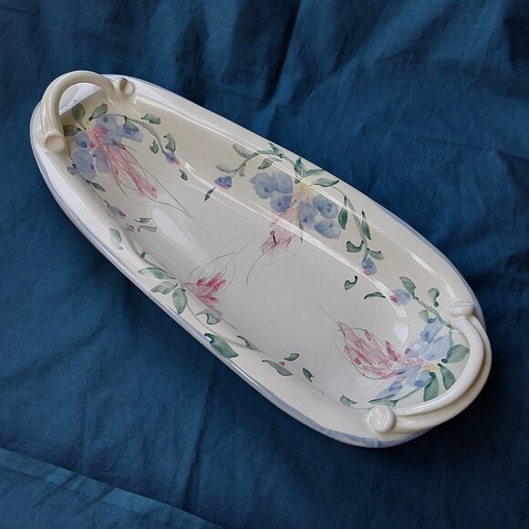 Studio pottery oblong serving dish with handles blue and pink flowers vtg 1993 - Picture 1 of 13
